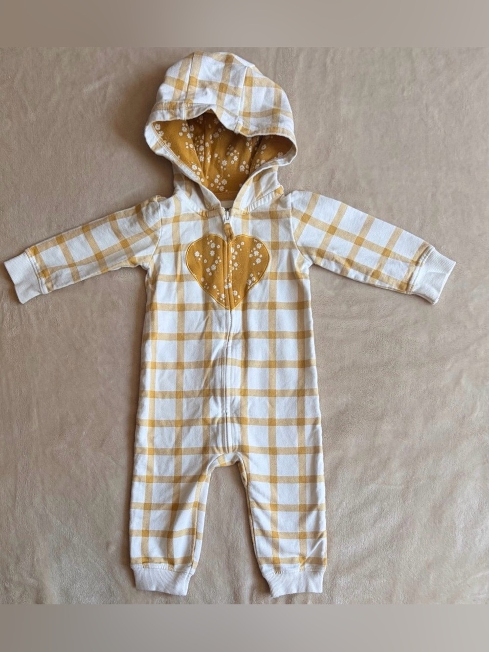 Girls 12M Mustard Plaid One Piece Outfit - Floral Heart Zip Up Jumpsuit W/ Hood